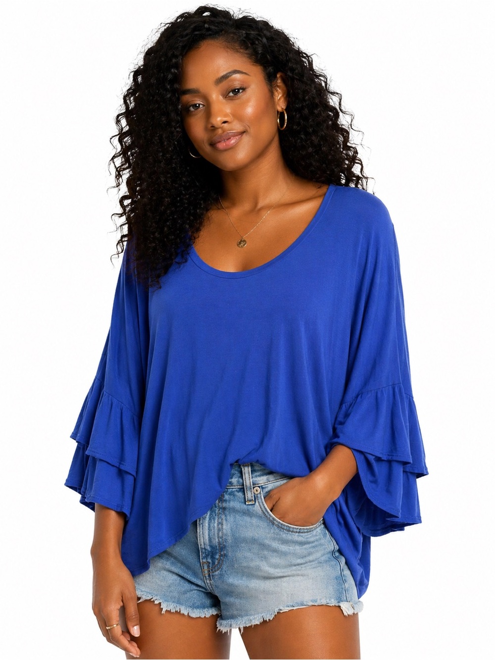 Women’s Royal Blue Ruffle Sleeve Scoop Neck Top